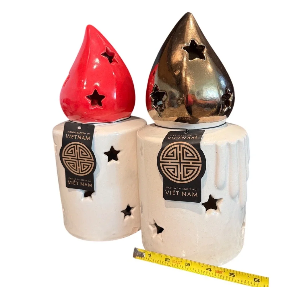 Handcrafted Ceramic Star‎ Cutout Candle Holders Set of 2 Red Gold Vietnam Decor